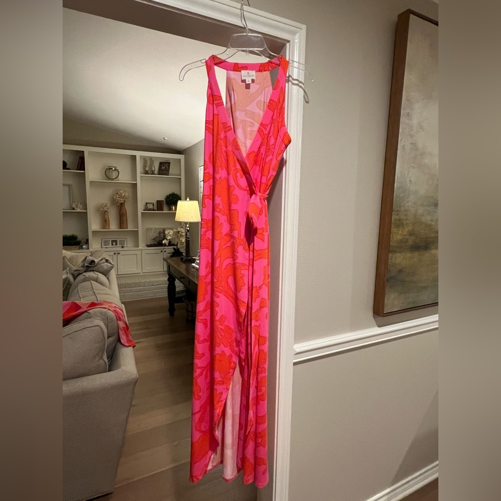 Pink Abstract Print Wrap Dress